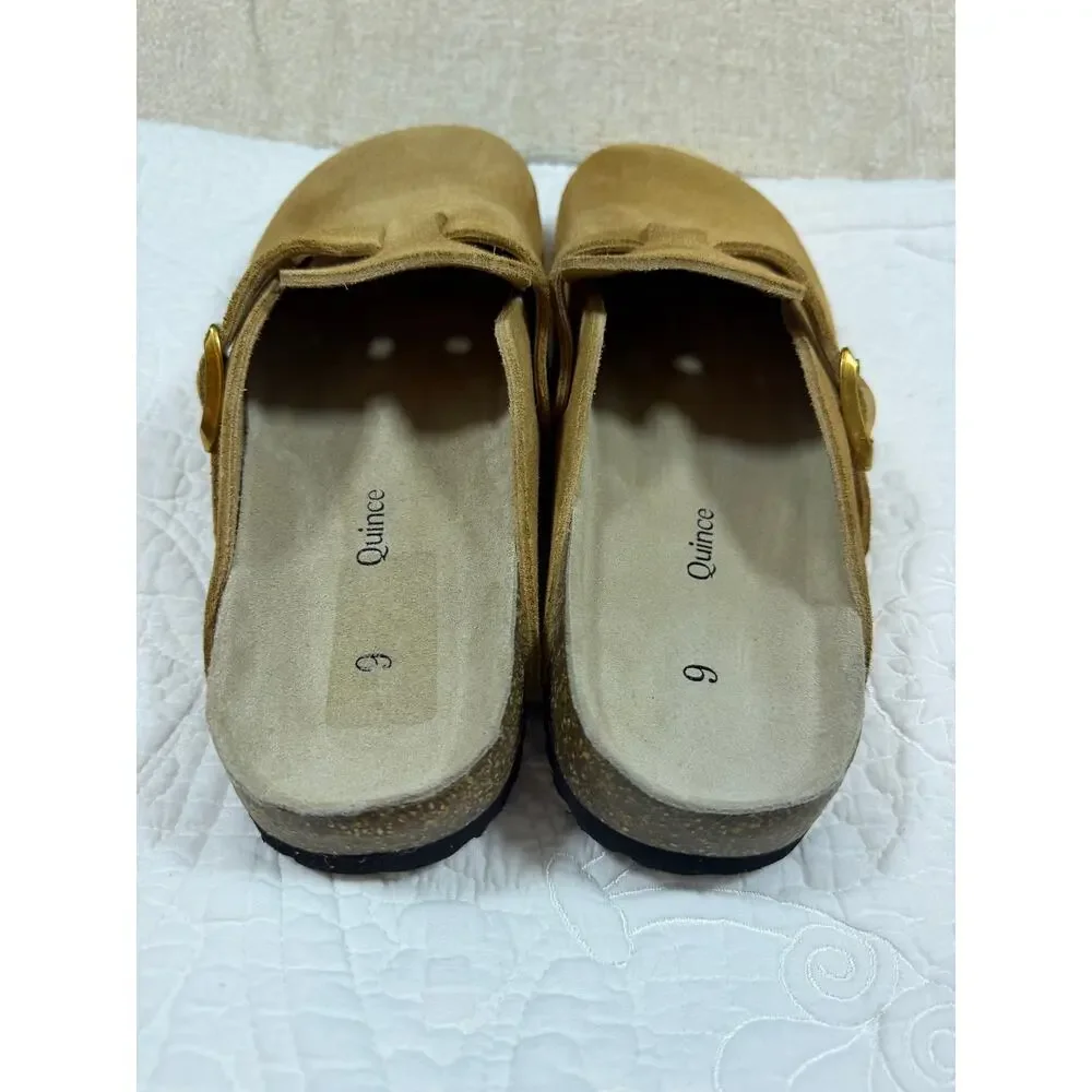 Quince Women 9 Tan Suede Slip On Clog Adjustable Strap Casual Comfort Mule Shoes